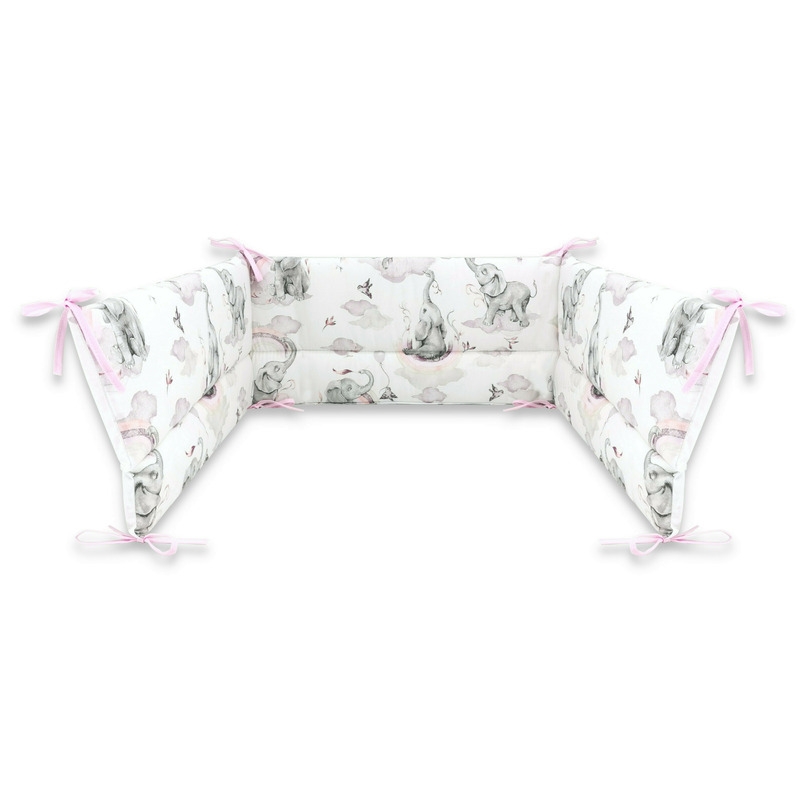 Qmini - Aparatoare pentru patut 140X70 cm, Din bumbac certificat Oeko Tex Standard 100, 210x30 cm, Cu panglici, Elephants on Rainbow Pink