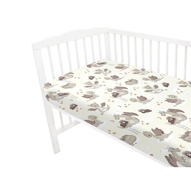Qmini - Cearceaf cu elastic pentru patut 120X60 cm, Din bumbac certificat Oeko Tex Standard 100, Dragons Beige