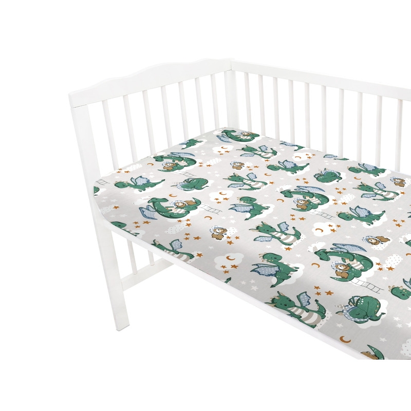Qmini - Cearceaf cu elastic pentru patut 120X60 cm, Din bumbac certificat Oeko Tex Standard 100, Dragons Gray