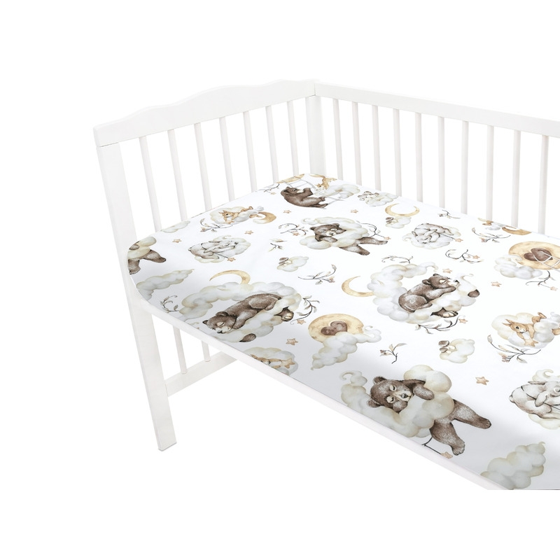 Qmini - Cearceaf cu elastic pentru patut 140X70 cm, Din bumbac certificat Oeko Tex Standard 100, Teddy Bear and Friends Beige