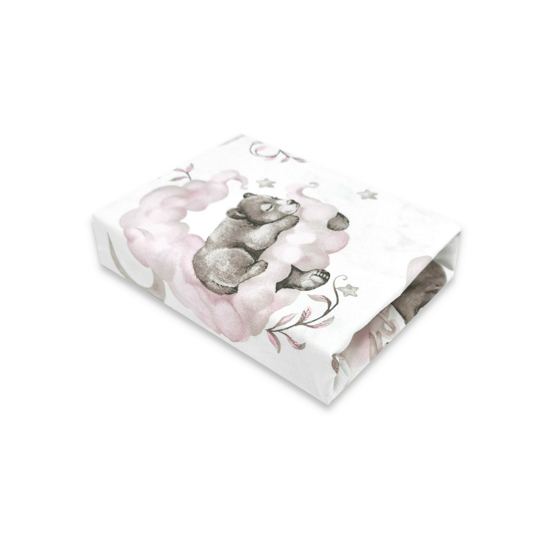 Qmini - Cearceaf cu elastic pentru patut 140X70 cm, Din bumbac certificat Oeko Tex Standard 100, Teddy Bear and Friends Pink