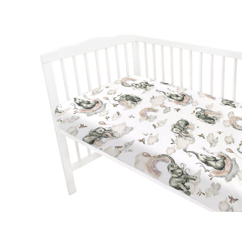 Qmini - Cearceaf cu elastic pentru patut 140x70 cm, Din bumbac, Elephants on Rainbow