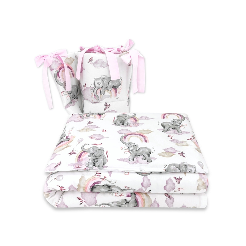 Qmini - Lenjerie patut 3 piese, Cu protectie laterala, Din bumbac certificat Oeko Tex Standard 100, Pentru patut 120x60 cm, Elephants on Rainbow Pink