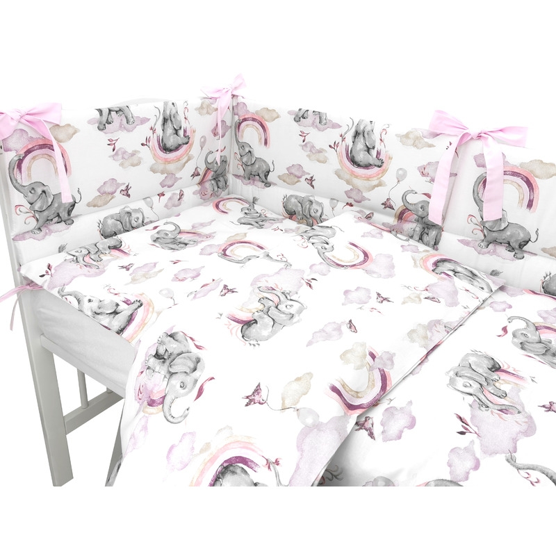 Qmini - Lenjerie patut 3 piese, Cu protectie laterala, Din bumbac certificat Oeko Tex Standard 100, Pentru patut 120x60 cm, Elephants on Rainbow Pink