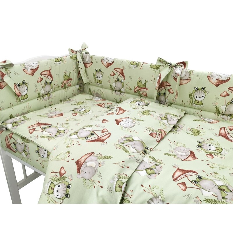 Qmini - Lenjerie patut 3 piese, Cu protectie laterala, Din bumbac certificat Oeko Tex Standard 100, Pentru patut 120x60 cm, Frogs