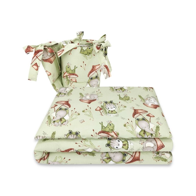 Qmini - Lenjerie patut 3 piese, Cu protectie laterala, Din bumbac certificat Oeko Tex Standard 100, Pentru patut 120x60 cm, Frogs