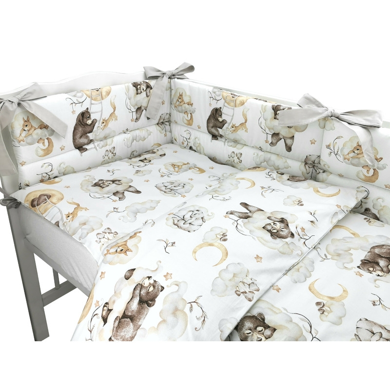 Qmini - Lenjerie patut 3 piese, Cu protectie laterala, Din bumbac certificat Oeko Tex Standard 100, Pentru patut 120x60 cm, Teddy Bear and Friends Beige