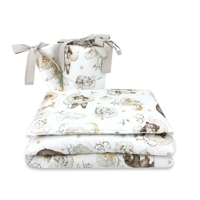Qmini - Lenjerie patut 3 piese, Cu protectie laterala, Din bumbac certificat Oeko Tex Standard 100, Pentru patut 120x60 cm, Teddy Bear and Friends Beige