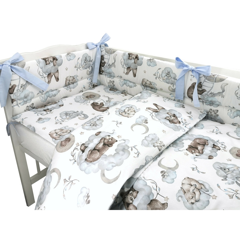 Qmini - Lenjerie patut 3 piese, Cu protectie laterala, Din bumbac certificat Oeko Tex Standard 100, Pentru patut 120x60 cm, Teddy Bear and Friends Blue