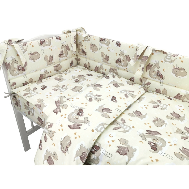Qmini - Lenjerie patut 3 piese, Cu protectie laterala, Din bumbac certificat Oeko Tex Standard 100, Pentru patut 140x70 cm, Dragons Beige