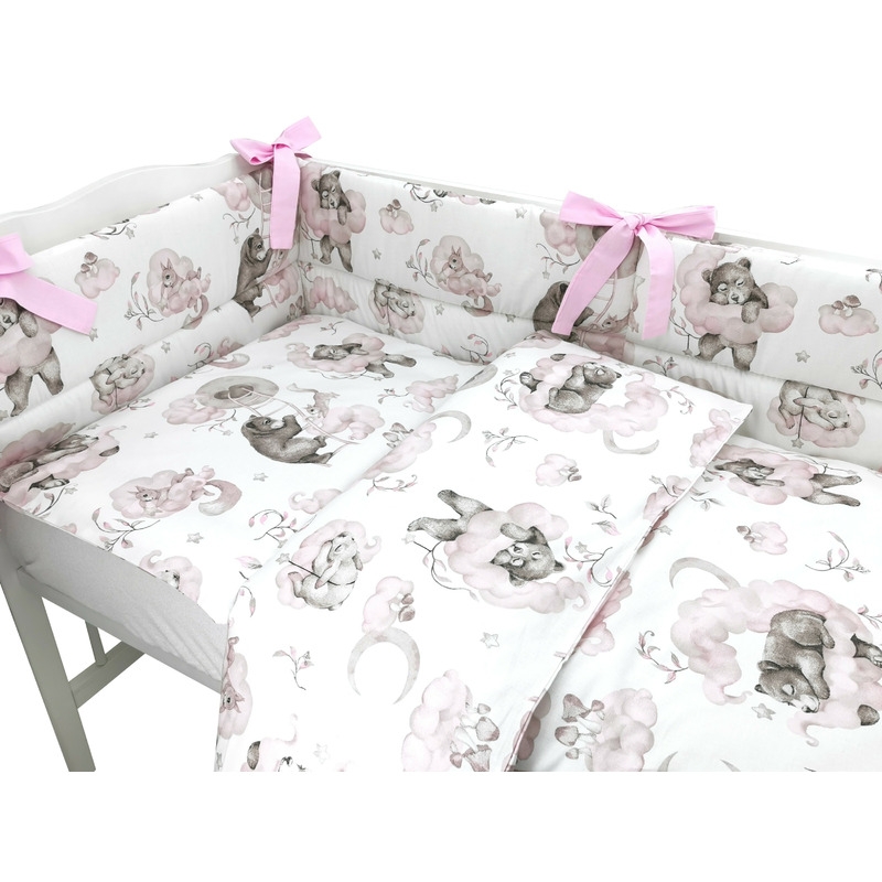 Qmini - Lenjerie patut 3 piese, Cu protectie laterala, Din bumbac certificat Oeko Tex Standard 100, Pentru patut 140x70 cm, Teddy Bear and Friends Pink