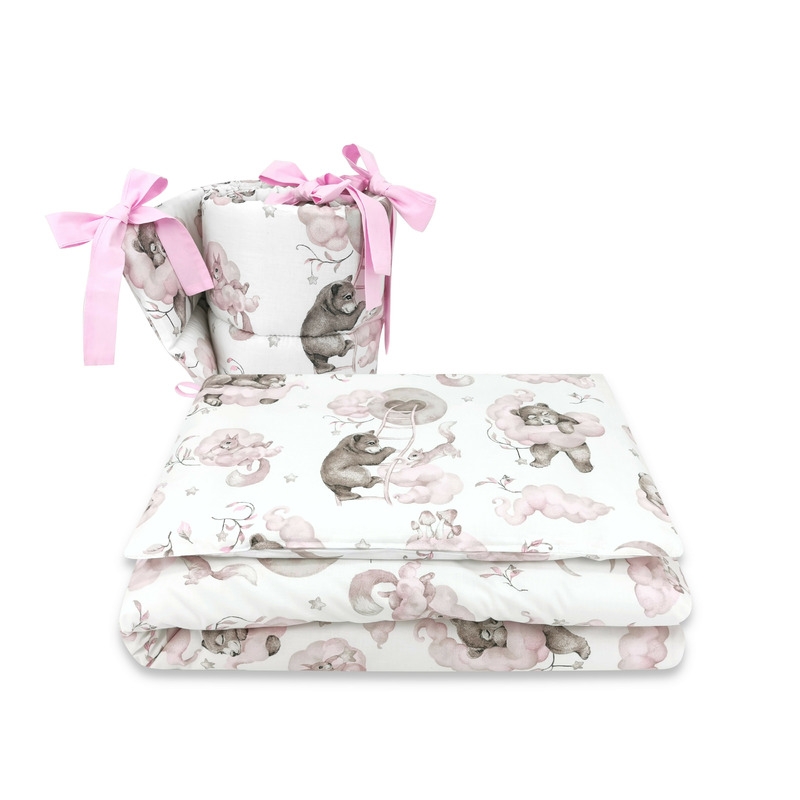 Qmini - Lenjerie patut 3 piese, Cu protectie laterala, Din bumbac certificat Oeko Tex Standard 100, Pentru patut 140x70 cm, Teddy Bear and Friends Pink