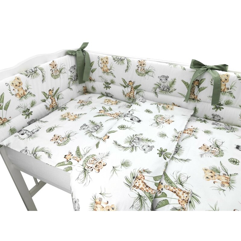 Qmini - Lenjerie patut 3 piese, Cu protectie laterala, Din bumbac, Pentru patut 120x60 cm, Safari