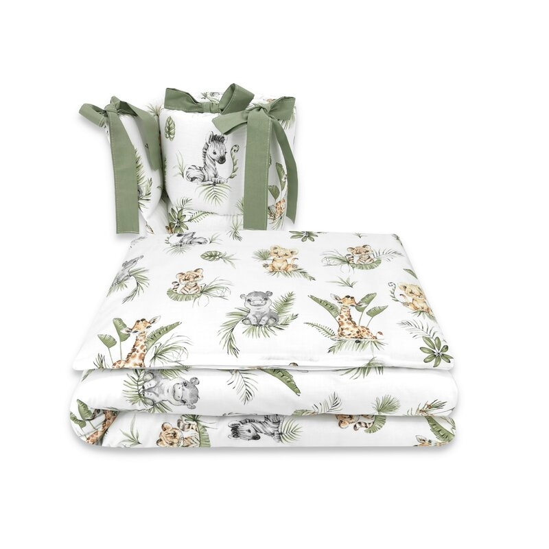 Qmini - Lenjerie patut 3 piese, Cu protectie laterala, Din bumbac, Pentru patut 120x60 cm, Safari