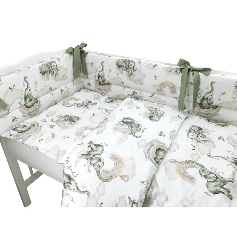 Qmini - Lenjerie patut 3 piese, Cu protectie laterala, Din bumbac, Pentru patut 140x70 cm, Elephants on Rainbow