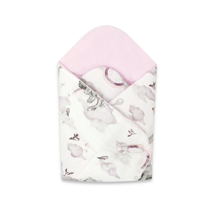 Qmini - Paturica de infasat cu doua fete, Cu multiple utilizari, Cu inchidere arici velcro, Dimensiune 75x75 cm, Din bumbac certificat Oeko Tex Standard 100, Elephants on Rainbow Pink