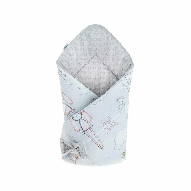 Qmini - Paturica de infasat cu fata dubla Minky Wrap, Nou-nascut, Din Bumbac, 80x80 cm, Rabbit Night