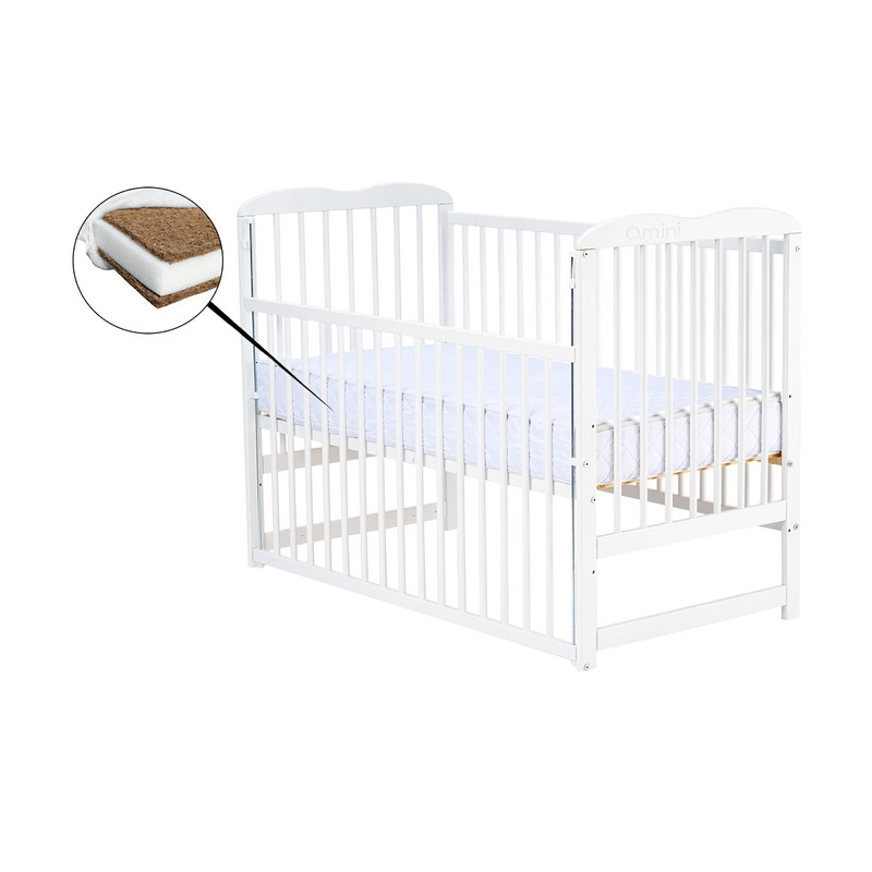 Qmini - Patut din lemn Agata 120x60 cm, Cu laterala culisanta, Din lemn de pin, Stabil si rezistent, Inaltime saltea reglabila pe 3 nivele, Laterala cu 3 bete detasabile, EN716-1, EN716-2, Alb + Saltea 8 cm