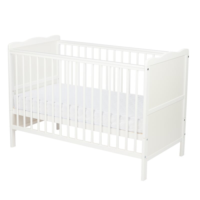 Qmini - Patut din lemn Julia 120x60 cm, multifunctional, Alb + Saltea 12 cm