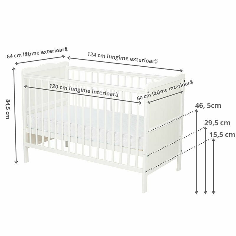 Qmini - Patut din lemn Julia 120x60 cm, multifunctional, Alb + Saltea 12 cm
