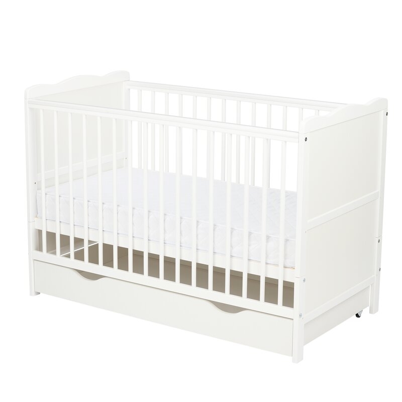 Qmini - Patut din lemn Julia 120x60 cm, multifunctional, cu sertar, Alb + Saltea 10 cm