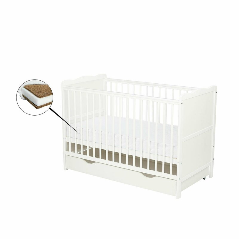 Qmini - Patut din lemn Julia 120x60 cm, multifunctional, cu sertar, Alb + Saltea 10 cm