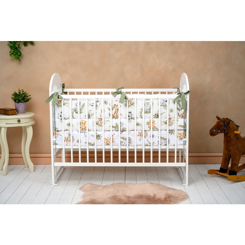 Qmini - Patut din lemn Julia II Elefantel 120x60 cm, Cu laterala culisanta, Din lemn de pin, Stabil si rezistent, Inaltime saltea reglabila pe 3 nivele, Laterala cu 3 bete detasabile, EN716-1, EN716-2, Alb