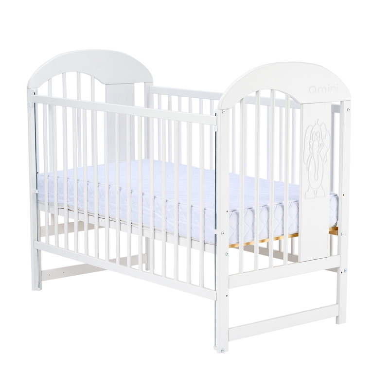 Qmini - Patut din lemn Julia II Elefantel 120x60 cm, Cu laterala culisanta, Din lemn de pin, Stabil si rezistent, Inaltime saltea reglabila pe 3 nivele, Laterala cu 3 bete detasabile, EN716-1, EN716-2, Alb