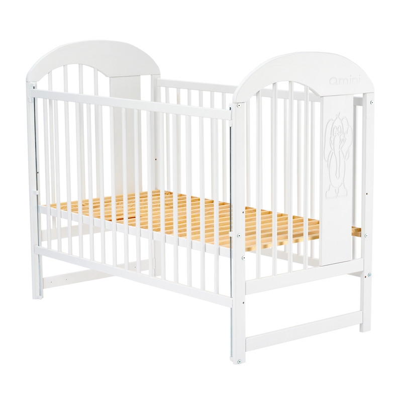 Qmini - Patut din lemn Julia II Elefantel 120x60 cm, Cu laterala culisanta, Din lemn de pin, Stabil si rezistent, Inaltime saltea reglabila pe 3 nivele, Laterala cu 3 bete detasabile, EN716-1, EN716-2, Alb