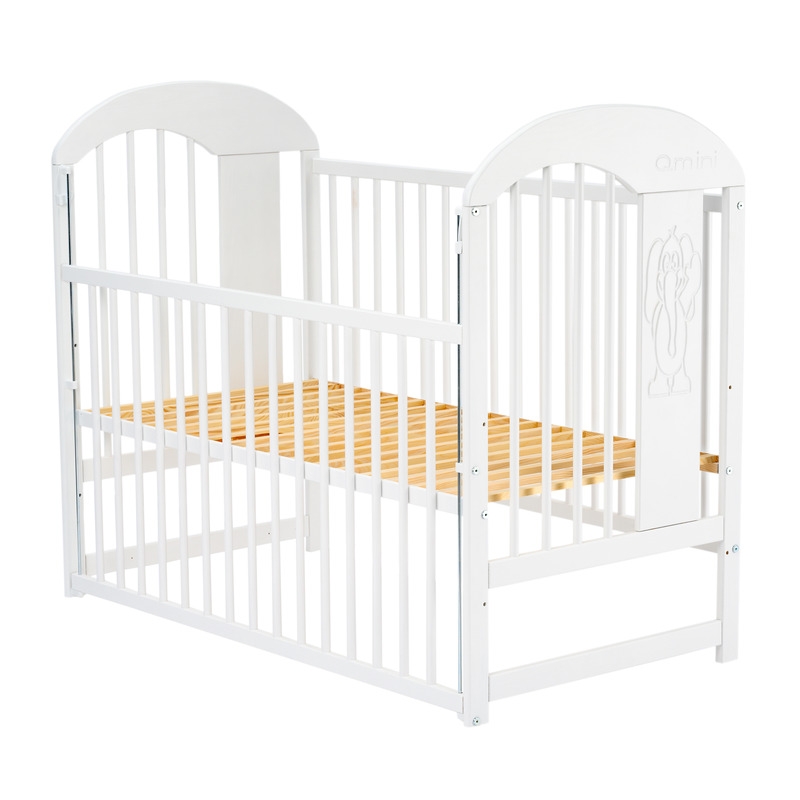 Qmini - Patut din lemn Julia II Elefantel 120x60 cm, Cu laterala culisanta, Din lemn de pin, Stabil si rezistent, Inaltime saltea reglabila pe 3 nivele, Laterala cu 3 bete detasabile, EN716-1, EN716-2, Alb