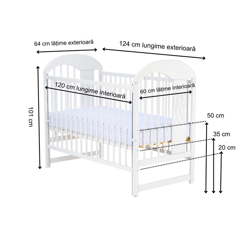 Qmini - Patut din lemn Julia II Elefantel 120x60 cm, Cu laterala culisanta, Din lemn de pin, Stabil si rezistent, Inaltime saltea reglabila pe 3 nivele, Laterala cu 3 bete detasabile, EN716-1, EN716-2, Alb