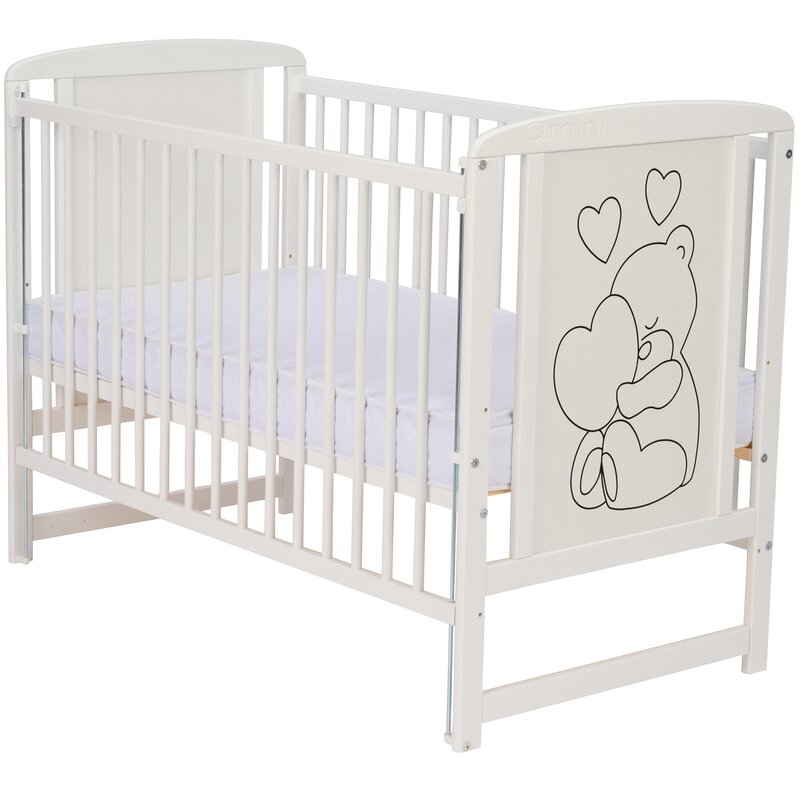 Qmini- Patut din lemn Timmi Heart 120x60 cm, Cu laterala culisanta, Din lemn de pin, MDF, Somiera reglabila, Alb + Saltea 10 cm