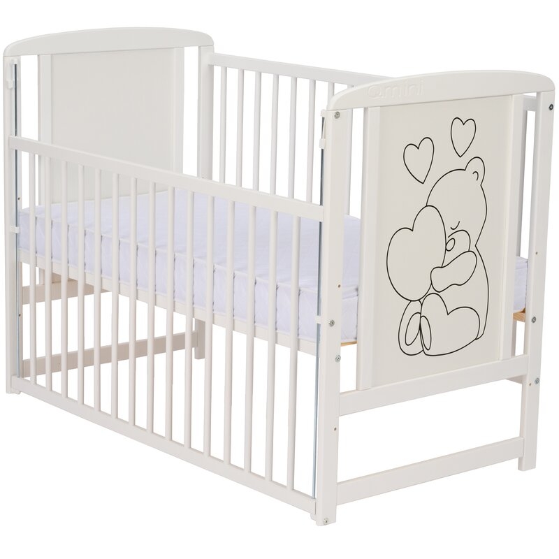 Qmini- Patut din lemn Timmi Heart 120x60 cm, Cu laterala culisanta, Din lemn de pin, MDF, Somiera reglabila, Alb + Saltea 10 cm