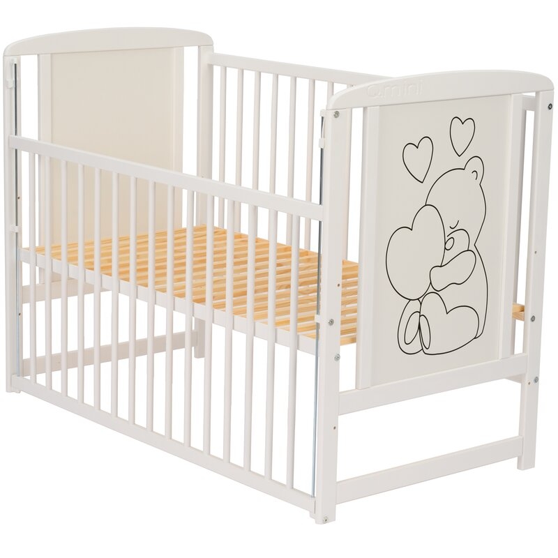 Qmini- Patut din lemn Timmi Heart 120x60 cm, Cu laterala culisanta, Din lemn de pin, MDF, Somiera reglabila, Alb + Saltea 10 cm