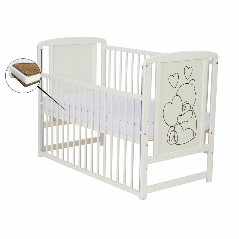 Qmini- Patut din lemn Timmi Heart 120x60 cm, Cu laterala culisanta, Din lemn de pin, MDF, Somiera reglabila, Alb + Saltea 10 cm