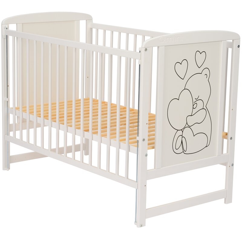Qmini- Patut din lemn Timmi Heart 120x60 cm, Cu laterala culisanta, Din lemn de pin, MDF, Somiera reglabila, Alb + Saltea 8 cm
