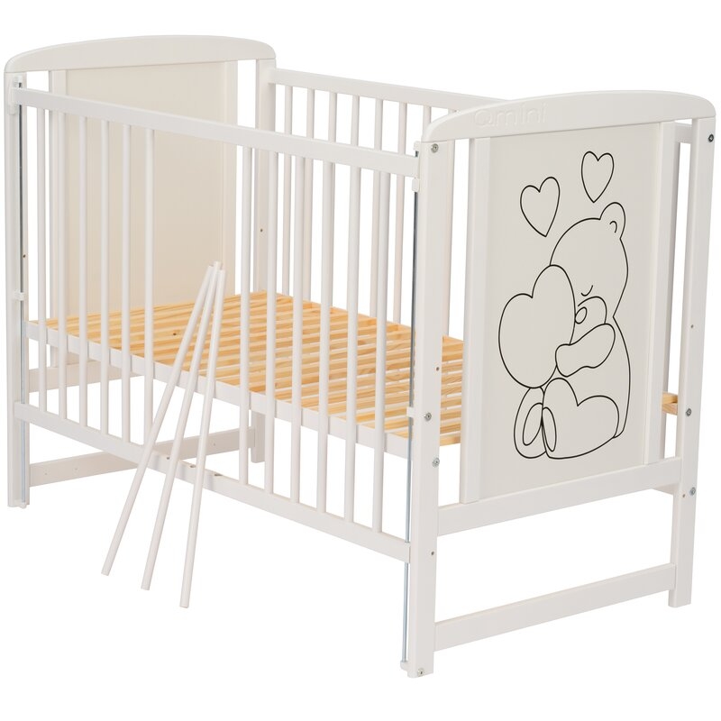 Qmini- Patut din lemn Timmi Heart 120x60 cm, Cu laterala culisanta, Din lemn de pin, MDF, Somiera reglabila, Alb + Saltea 8 cm