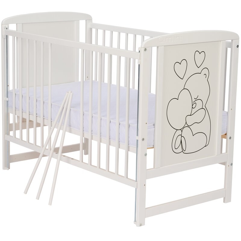 Qmini- Patut din lemn Timmi Heart 120x60 cm, Cu laterala culisanta, Din lemn de pin, MDF, Somiera reglabila, Alb + Saltea 8 cm