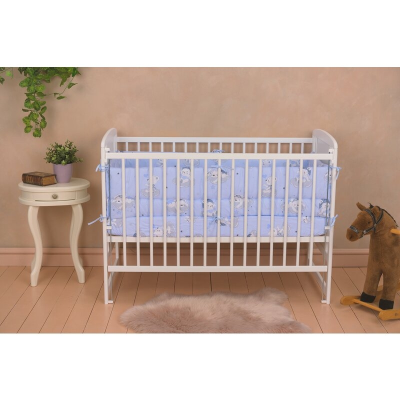 Qmini- Patut din lemn Timmi Heart 120x60 cm, Cu laterala culisanta, Din lemn de pin, MDF, Somiera reglabila, Alb + Saltea 8 cm