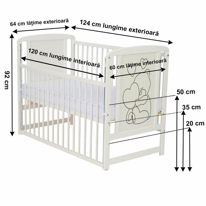 Qmini- Patut din lemn Timmi Heart 120x60 cm, Cu laterala culisanta, Din lemn de pin, MDF, Somiera reglabila, Alb + Saltea 8 cm