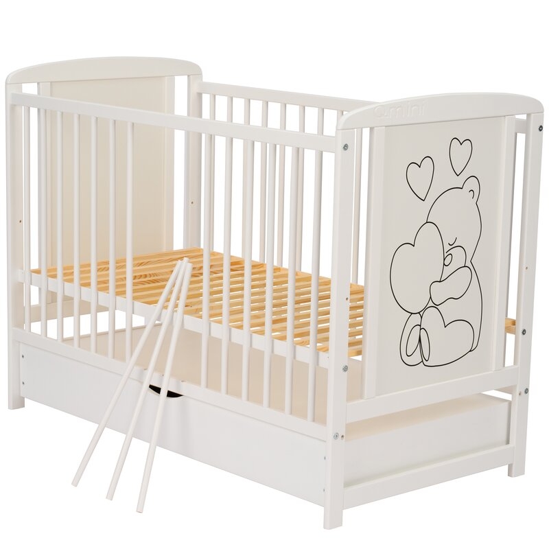 Qmini- Patut din lemn Timmi Heart 120x60 cm, Cu sertar, Din lemn de pin, MDF, Somiera reglabila, Alb