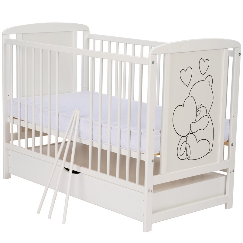 Qmini- Patut din lemn Timmi Heart 120x60 cm, Cu sertar, Din lemn de pin, MDF, Somiera reglabila, Alb