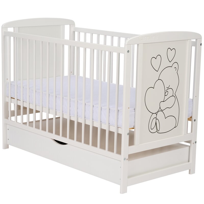 Qmini- Patut din lemn Timmi Heart 120x60 cm, Cu sertar, Din lemn de pin, MDF, Somiera reglabila, Alb