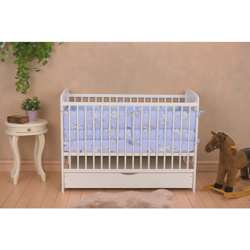 Qmini- Patut din lemn Timmi Heart 120x60 cm, Cu sertar, Din lemn de pin, MDF, Somiera reglabila, Alb