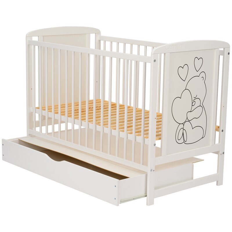 Qmini- Patut din lemn Timmi Heart 120x60 cm, Cu sertar, Din lemn de pin, MDF, Somiera reglabila, Alb