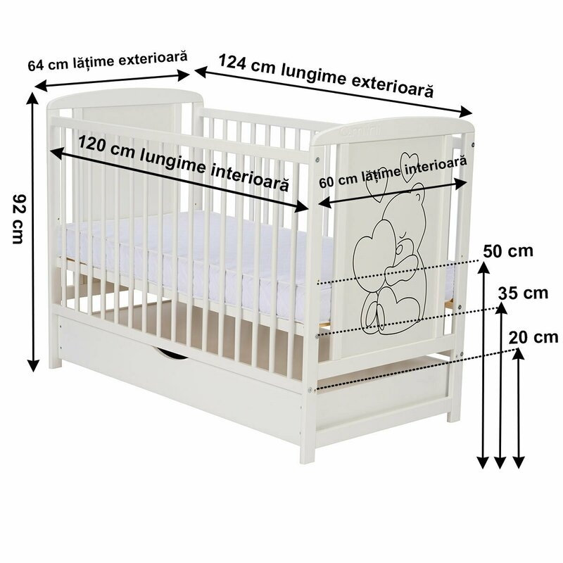 Qmini- Patut din lemn Timmi Heart 120x60 cm, Cu sertar, Din lemn de pin, MDF, Somiera reglabila, Alb
