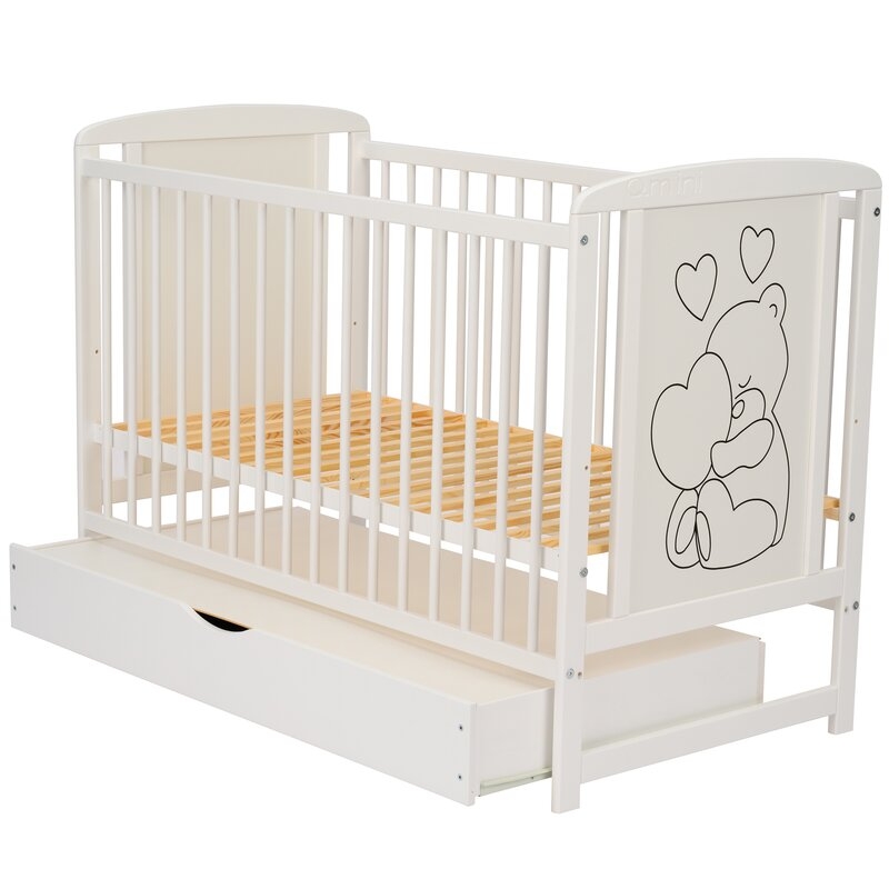 Qmini- Patut din lemn Timmi Heart 120x60 cm, Cu sertar, Din lemn de pin, MDF, Somiera reglabila, Alb + Saltea 10 cm