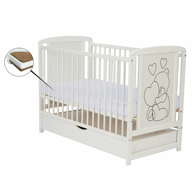 Qmini- Patut din lemn Timmi Heart 120x60 cm, Cu sertar, Din lemn de pin, MDF, Somiera reglabila, Alb + Saltea 10 cm