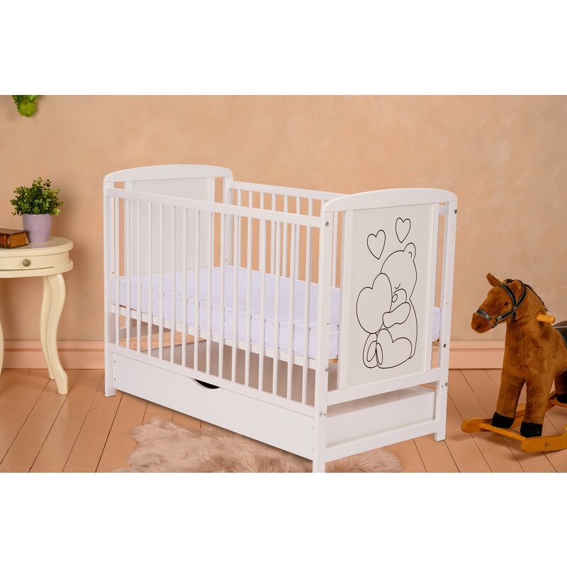 Qmini - Patut din lemn Timmi Heart 120x60 cm, Cu sertar, Cu roti, Din lemn de pin, MDF, Somiera reglabila, Alb + Saltea 12 cm