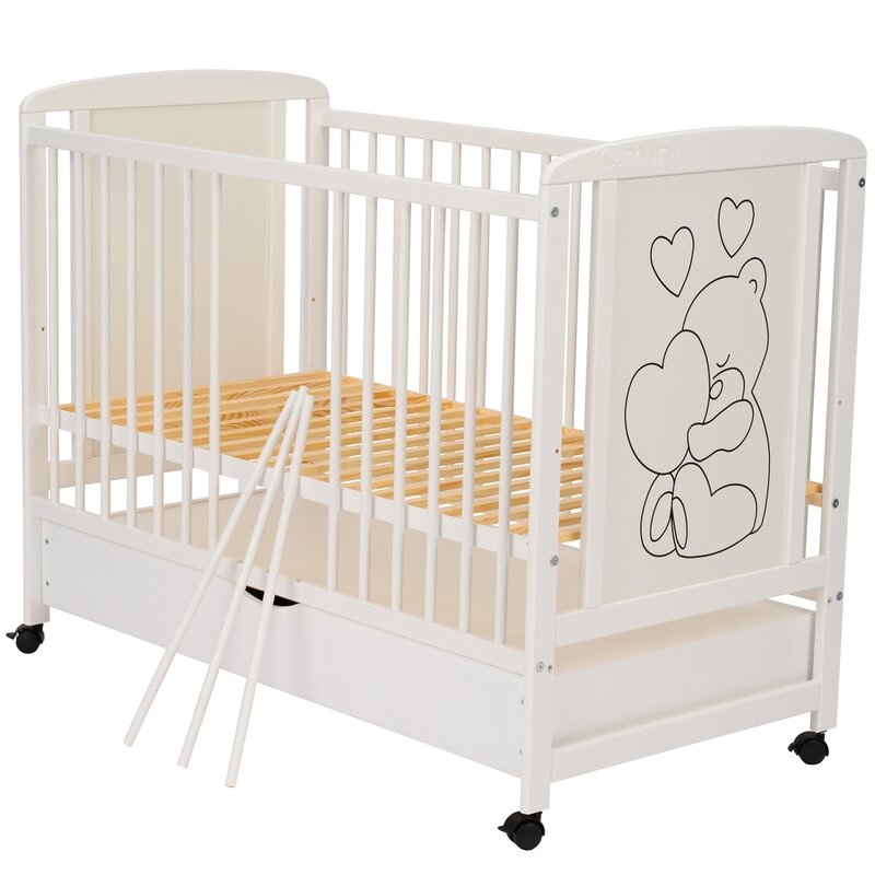 Qmini - Patut din lemn Timmi Heart 120x60 cm, Cu sertar, Cu roti, Din lemn de pin, MDF, Somiera reglabila, Alb + Saltea 12 cm